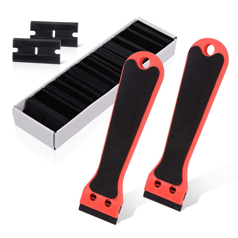 EHDIS 2pcs Plastic Razor Scraper 6-inch Long Handle Adhesive Remover Tool with 100 Double-Edge Blades for Window Tint Vinyl Scraper Decal Sticker Glue Remover (Red) - Image 1